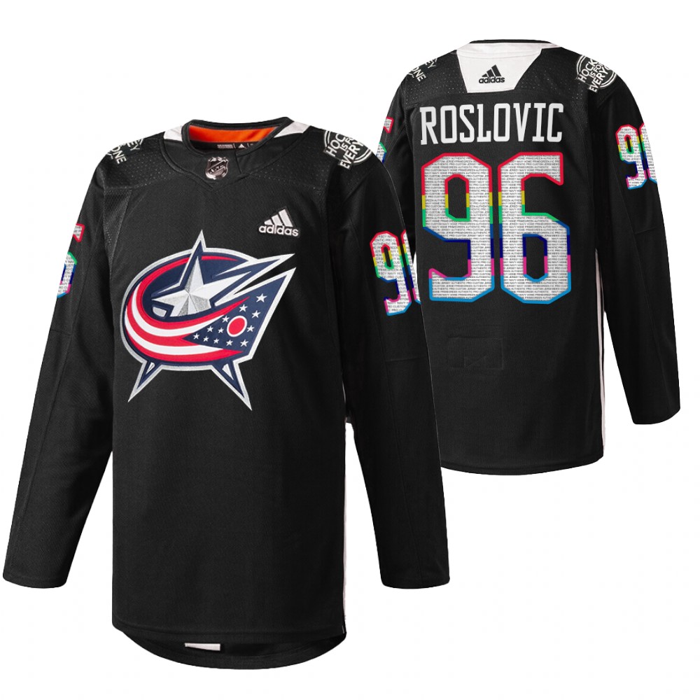 Blue Jackets Jack Roslovic 2022 HockeyIsForEveryone Black Warmup Jersey