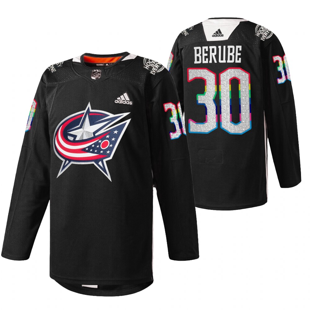 Blue Jackets Jean-Francois Berube 2022 HockeyIsForEveryone Black Warmup Jersey