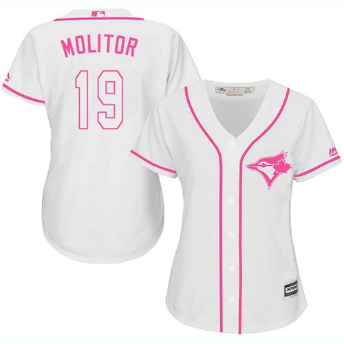 Blue Jays #19 Paul Molitor White Pink Fashion Women's Stitched MLB Jersey