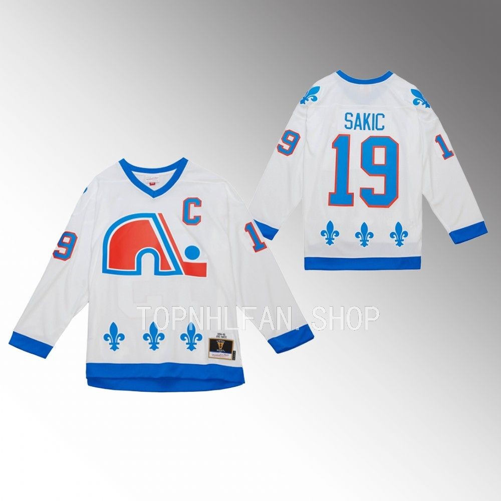 Blue Line Nordiques Joe Sakic White Mitchell Ness 1994 Throwback Jersey