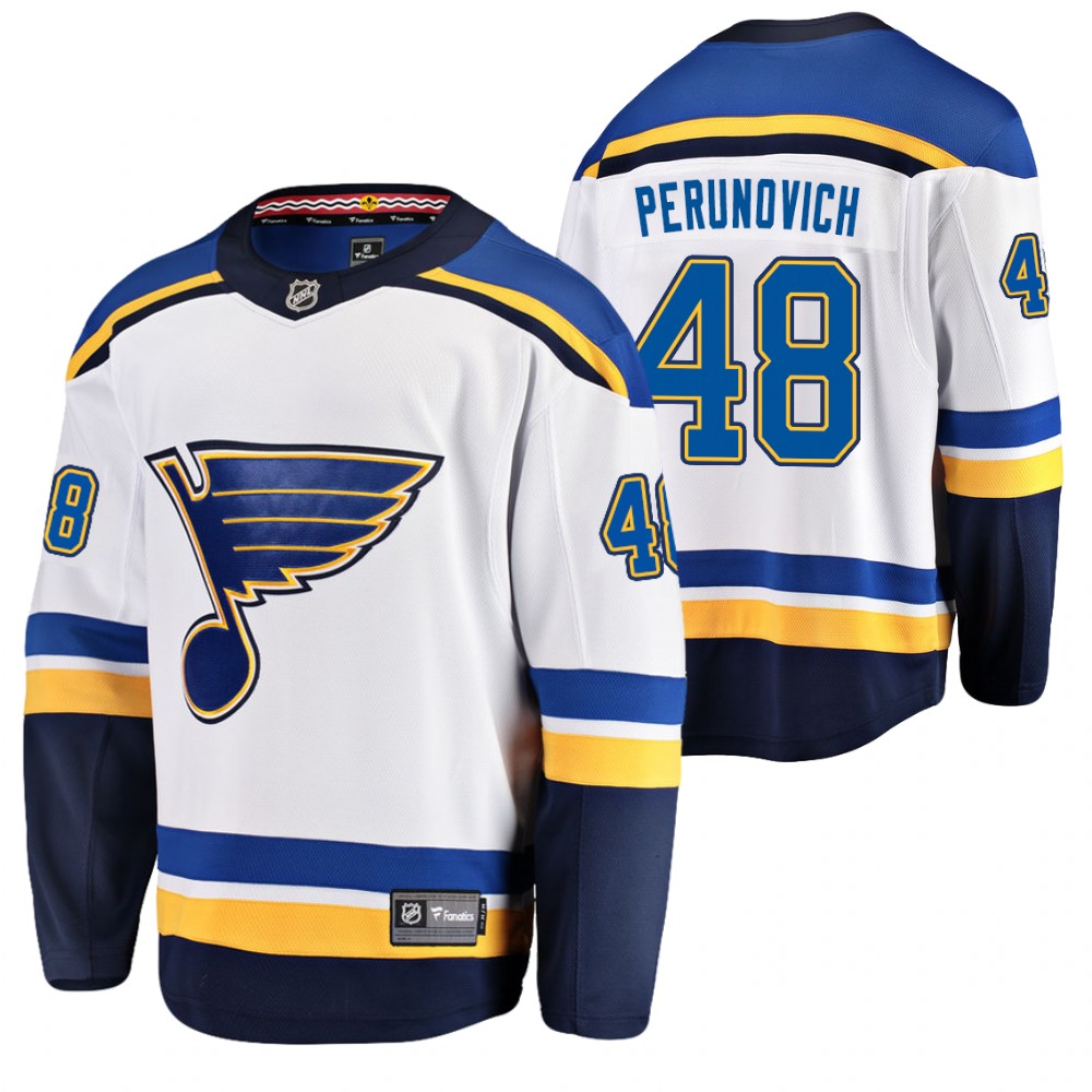 Blues #48 Scott Perunovich White Away Jersey