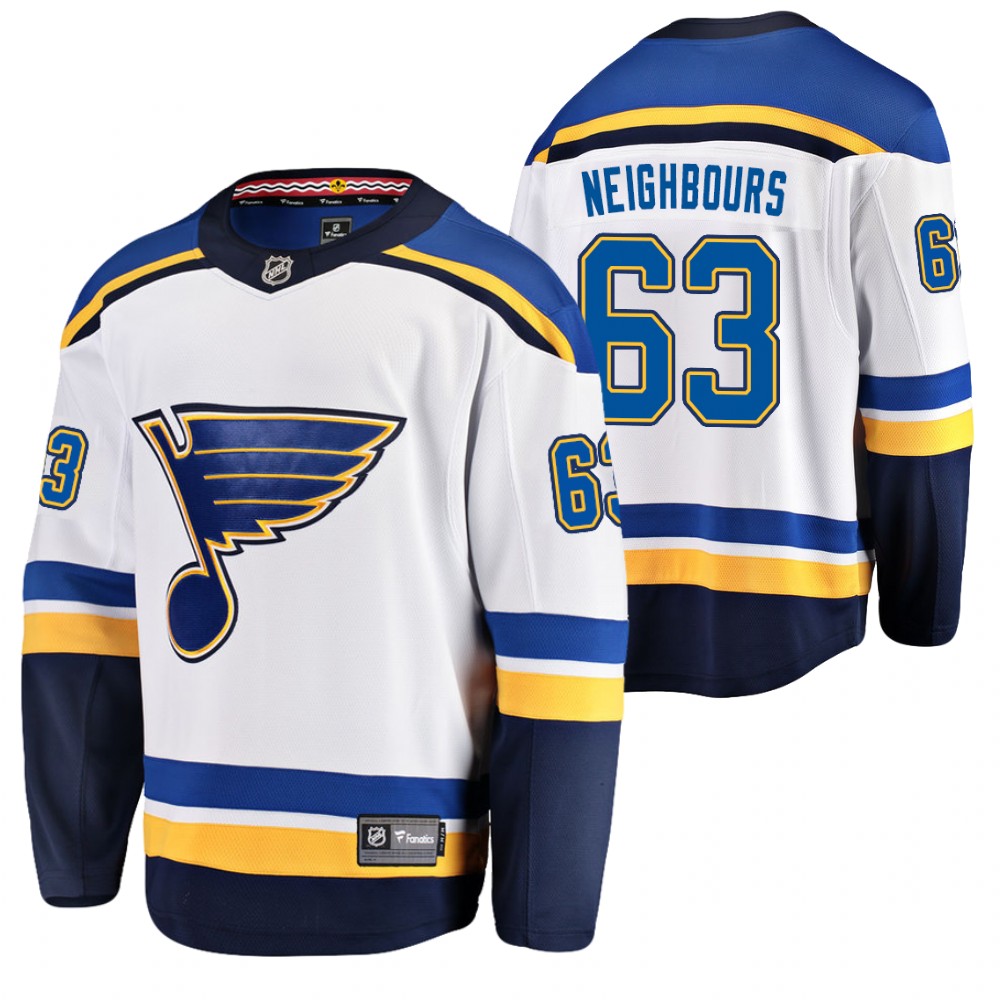 Blues #63 Jake Neighbours White 2021-22 Away Jersey