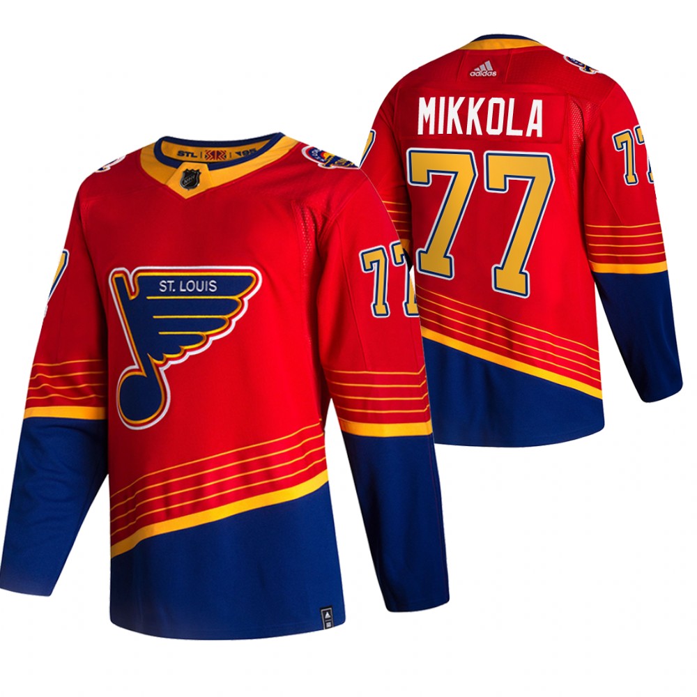 Blues 2021 Reverse Retro #77 Niko Mikkola Red Jersey Special Edition Authentic