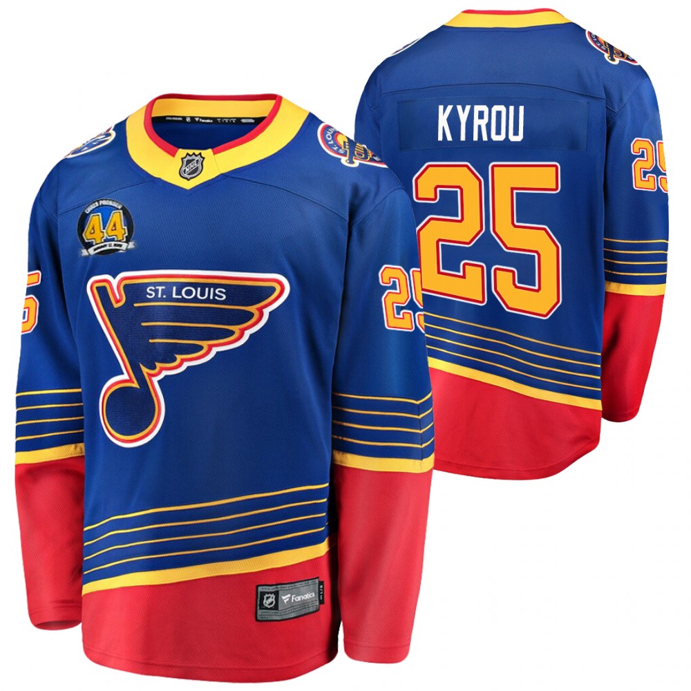Blues Jordan Kyrou Jersey 44 Chris Pronger Patch Royal Prime Men