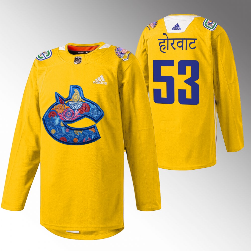 Bo Horvat Canucks Diwali Night Jersey Yellow Warmup