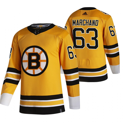Boston Bruins #63 Brad Marchand Yellow Men's Adidas 2020-21 Reverse Retro Alternate NHL Jersey