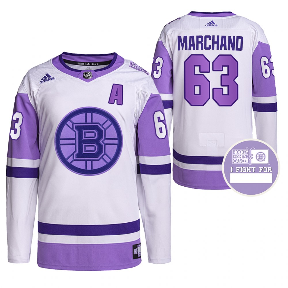 Boston Bruins Brad Marchand Hockey Fights Cancer White Purple Primegreen Authentic Jersey Stitched
