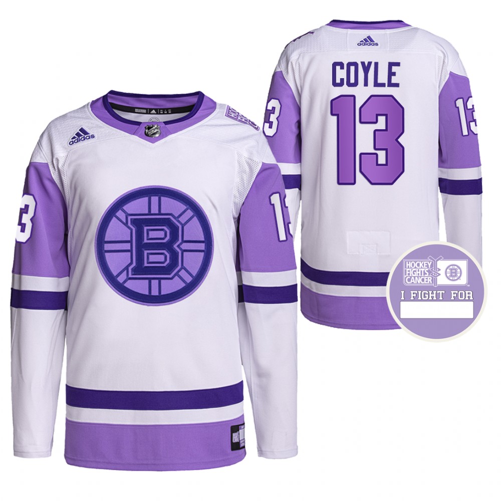 Boston Bruins Charlie Coyle Hockey Fights Cancer White Purple Primegreen Authentic Jersey Stitched
