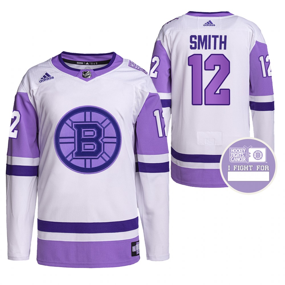 Boston Bruins Craig Smith Hockey Fights Cancer White Purple Primegreen Authentic Jersey Stitched