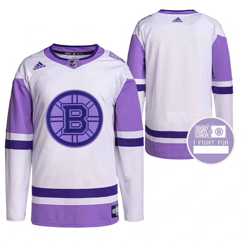 Boston Bruins Hockey Fights Cancer White Purple Primegreen Authentic Jersey Stitched