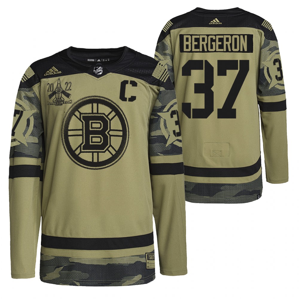 Boston Bruins Patrice Bergeron Camo 2022 Military Appreciation Night Primegreen Authentic Jersey