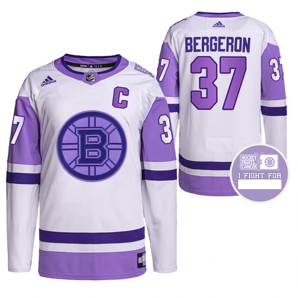 Boston Bruins Patrice Bergeron Hockey Fights Cancer White Purple Primegreen Authentic Jersey Stitched