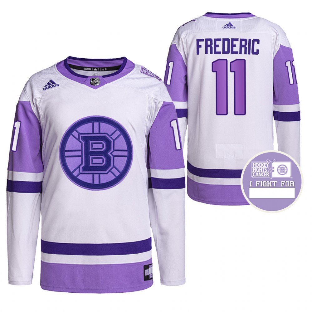Boston Bruins Trent Frederic Hockey Fights Cancer White Purple Primegreen Authentic Jersey Stitched