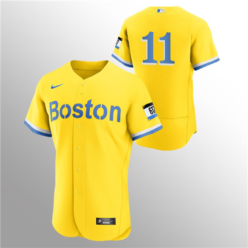 Boston Red Sox #11 Rafael Devers Men's Nike 2021 City Connect Gold Authentic MLB Jersey - No Name
