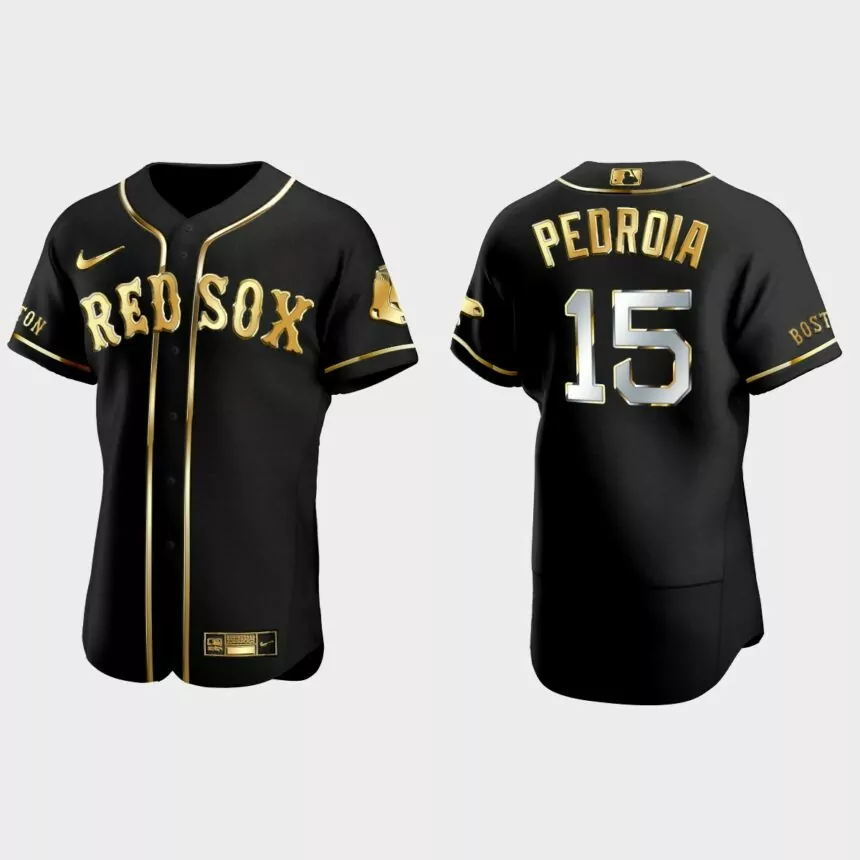 Boston Red Sox #15 Dustin Pedroia Golden Edition Authentic Jersey – Black