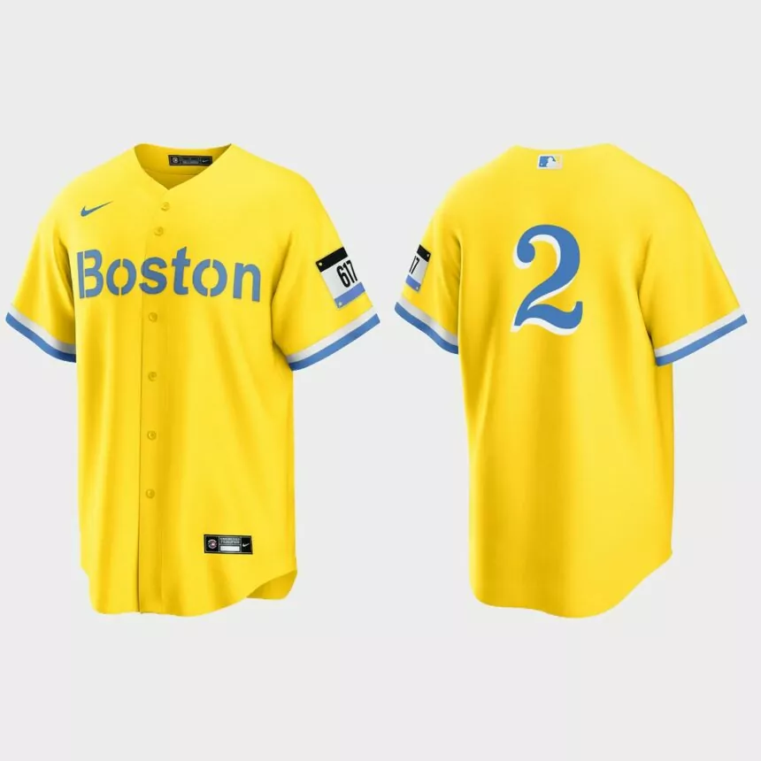 Boston Red Sox #2 Xander Bogaerts 2021 City Connect Replica Jersey – Gold Light Blue