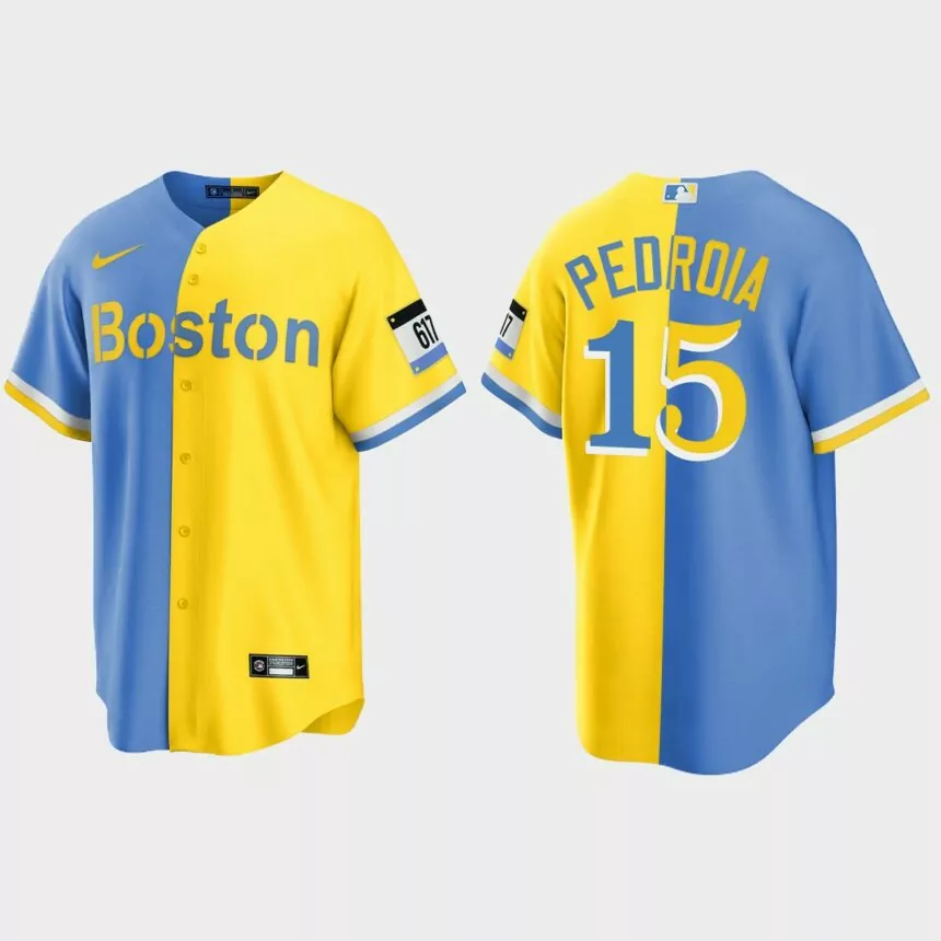 Boston Red Sox Dustin Pedroia City Connect Split Jersey – Blue Gold