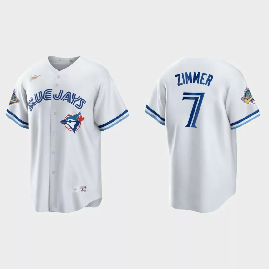Bradley Zimmer Toronto Blue Jays 1992 World Series Patch Cooperstown Jersey – White