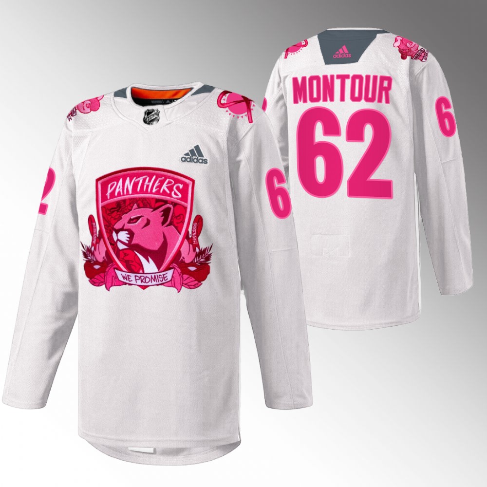 Brandon Montour Panthers Pink in the Rink Jersey White Warmup
