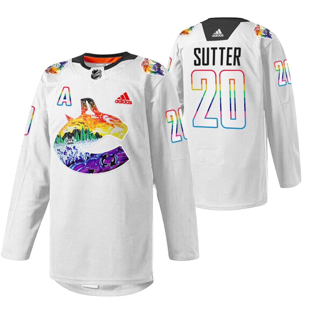 Brandon Sutter Canucks Pride Night Jersey White Mio Artwork Warmup