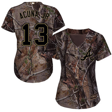 Braves #13 Ronald Acuna Jr. Camo Realtree Collection Cool Base Women's Stitched Baseball Jersey