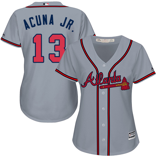 Braves #13 Ronald Acuna Jr. Grey Road Women's Stitched Baseball Jersey