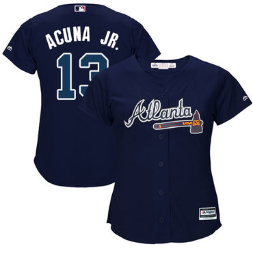 Braves #13 Ronald Acuna Jr. Navy Blue Alternate Women's Stitched Baseball Jersey