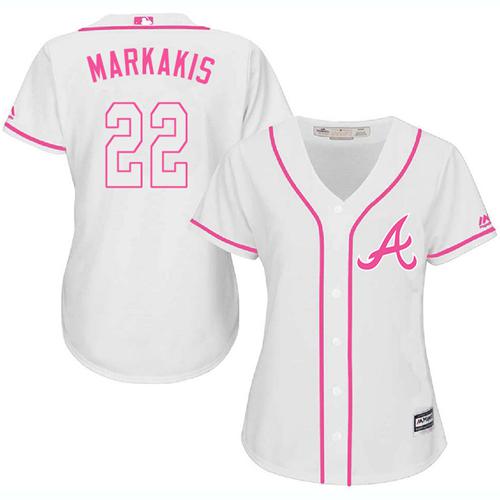 Braves #22 Nick Markakis White Pink Fashion Women's Stitched MLB Jersey