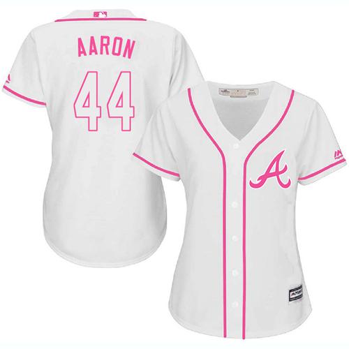 Braves #44 Hank Aaron White Pink Fashion Women's Stitched MLB Jersey