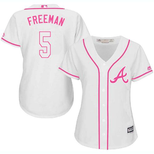 Braves #5 Freddie Freeman White Pink Fashion Women's Stitched MLB Jersey