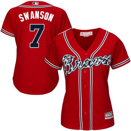 Braves #7 Dansby Swanson Red Alternate Women's Stitched MLB Jersey