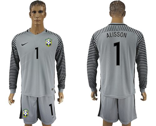 Brazil #1 Alisson Grey Goalkeeper Long Sleeves Soccer Country Jersey