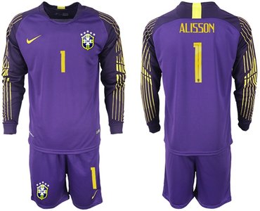 Brazil #1 Alisson Purple Goalkeeper Long Sleeves Soccer Country Jersey