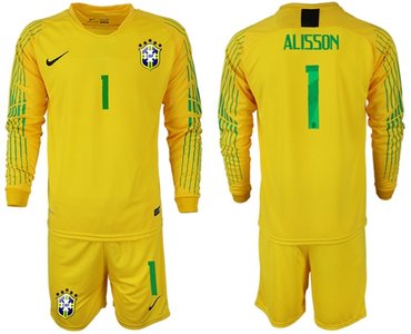 Brazil #1 Alisson Yellow Goalkeeper Long Sleeves Soccer Country Jersey