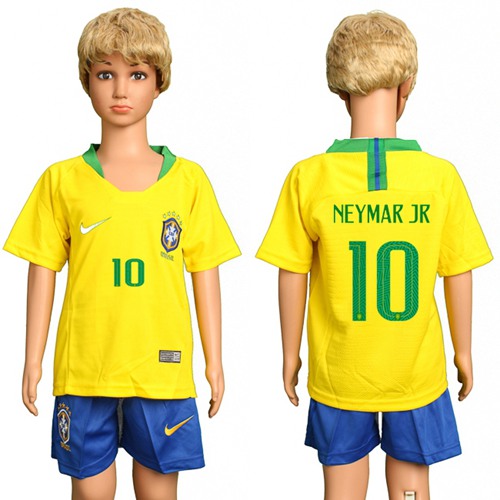 Brazil #10 Neymar Jr Home Kid Soccer Country Jersey