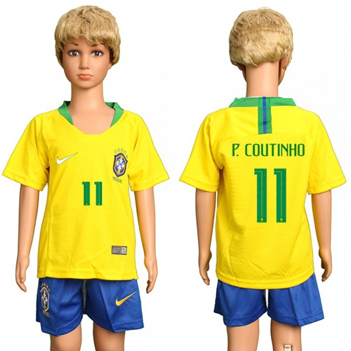 Brazil #11 P.Coutinho Home Kid Soccer Country Jersey