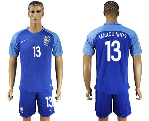 Brazil #13 Marquinhos Blue Soccer Country Jersey