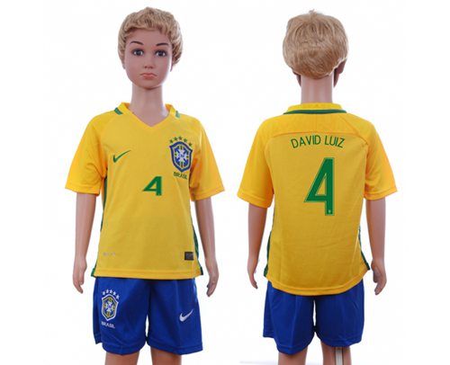 Brazil #4 David Luiz Home Kid Soccer Country Jersey