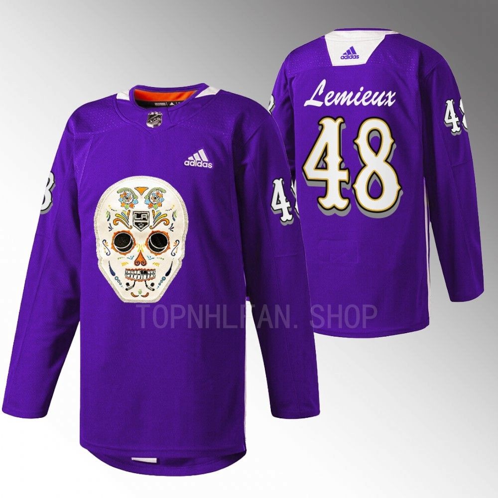 Brendan Lemieux LA Kings Dia De Los Metros Night Jersey Purple Sugar Skull warmup