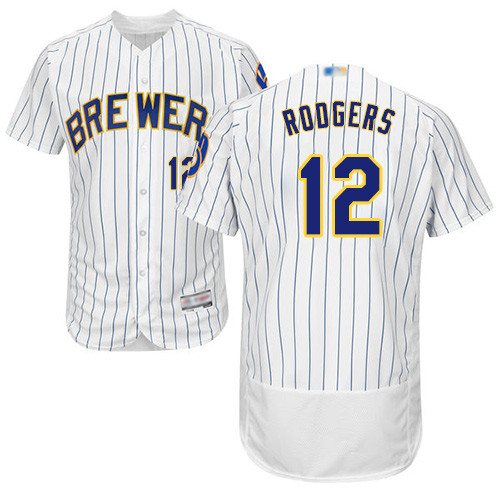 Brewers #12 Aaron Rodgers White Strip Flexbase Authentic Collection Stitched Baseball Jersey