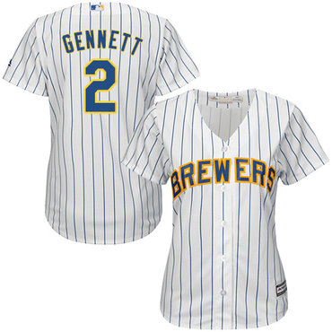 Brewers #2 Scooter Gennett White Strip Home Women's Stitched MLB Jersey