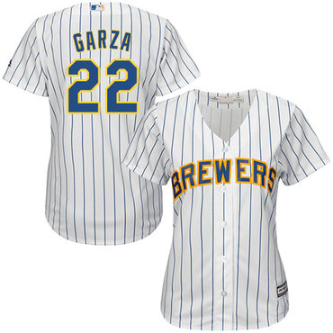 Brewers #22 Matt Garza White Strip Home Women's Stitched MLB Jersey