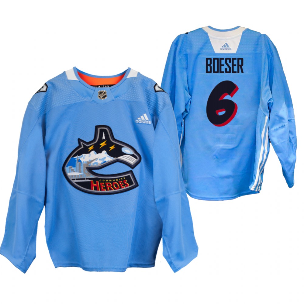 Brock Boeser Canucks Community Heroes Jersey Blue Warm Up