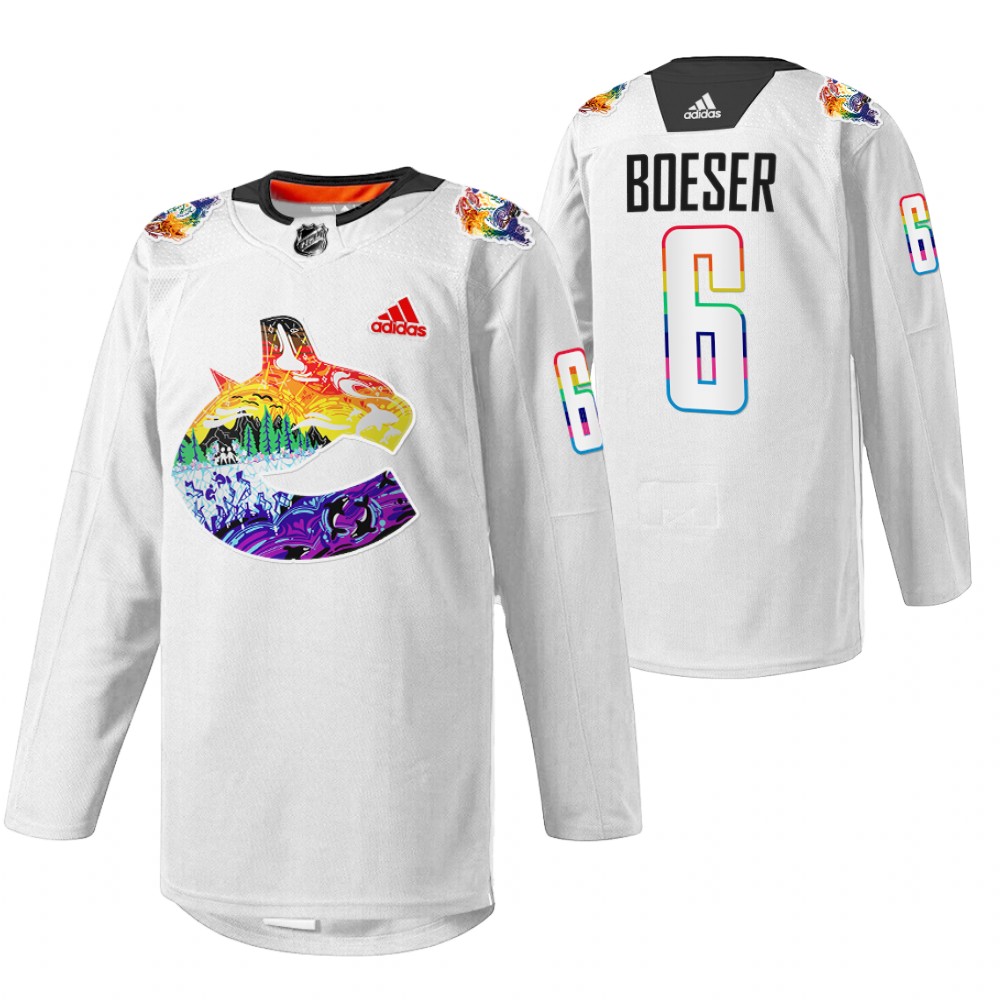 Brock Boeser Canucks Pride Night Jersey White Mio Artwork Warmup