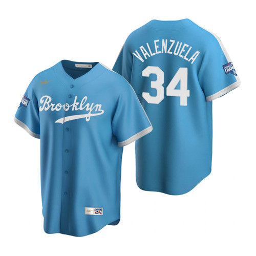 Brooklyn Dodgers #34 Fernando Valenzuela Light Blue 2020 World Series Champions Cooperstown Collection Jersey