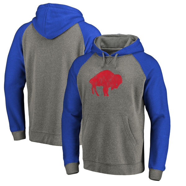 Buffalo Bills NFL Pro Line By Fanatics Branded Throwback Logo Tri-Blend Raglan Pullover Hoodie Gray Royal