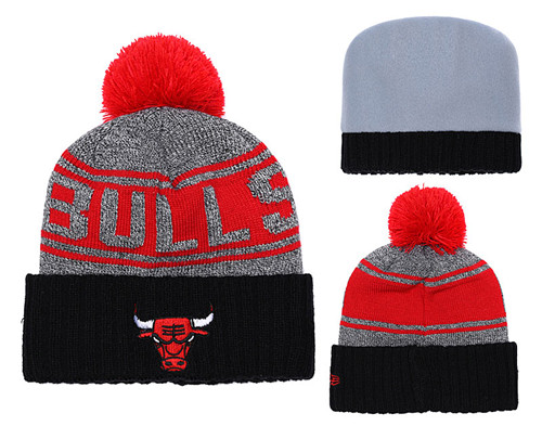 Bulls Team Logo Red Black Pom Knit Hat YD