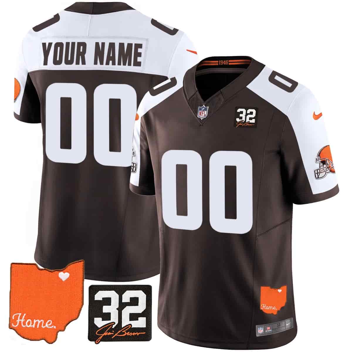 CUSTOM Men's Browns #32 Jim Brown Memorial & Home Patch Vapor Limited Jersey - All Stitched Alternate