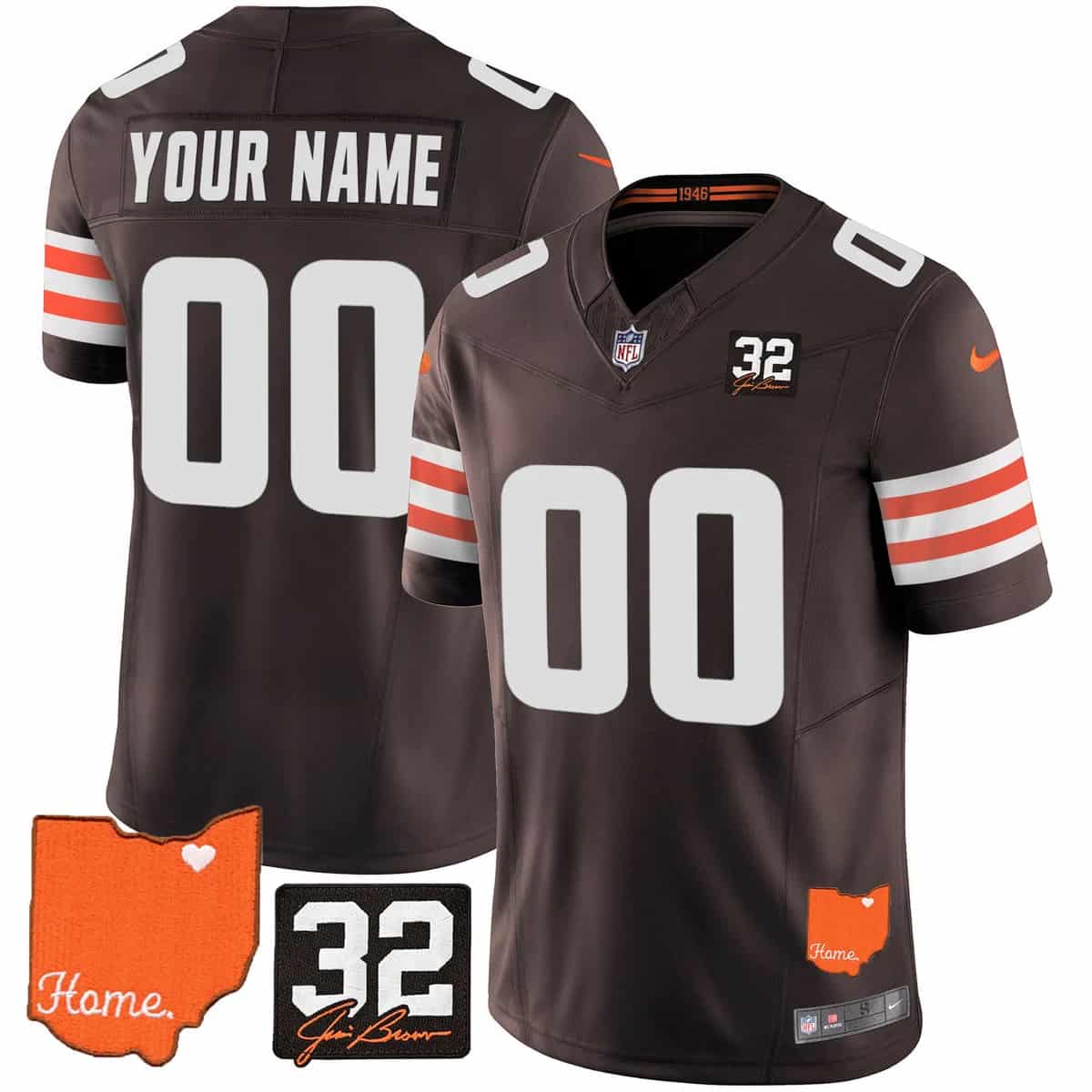 CUSTOM Men's Browns #32 Jim Brown Memorial & Home Patch Vapor Limited Jersey - All Stitched Brown