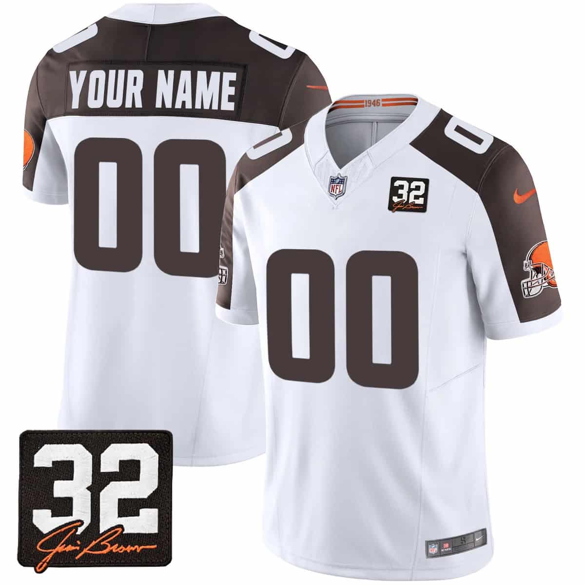 CUSTOM Men's Browns #32 Jim Brown Memorial & Home Patch Vapor Limited Jersey - All Stitched Inverted